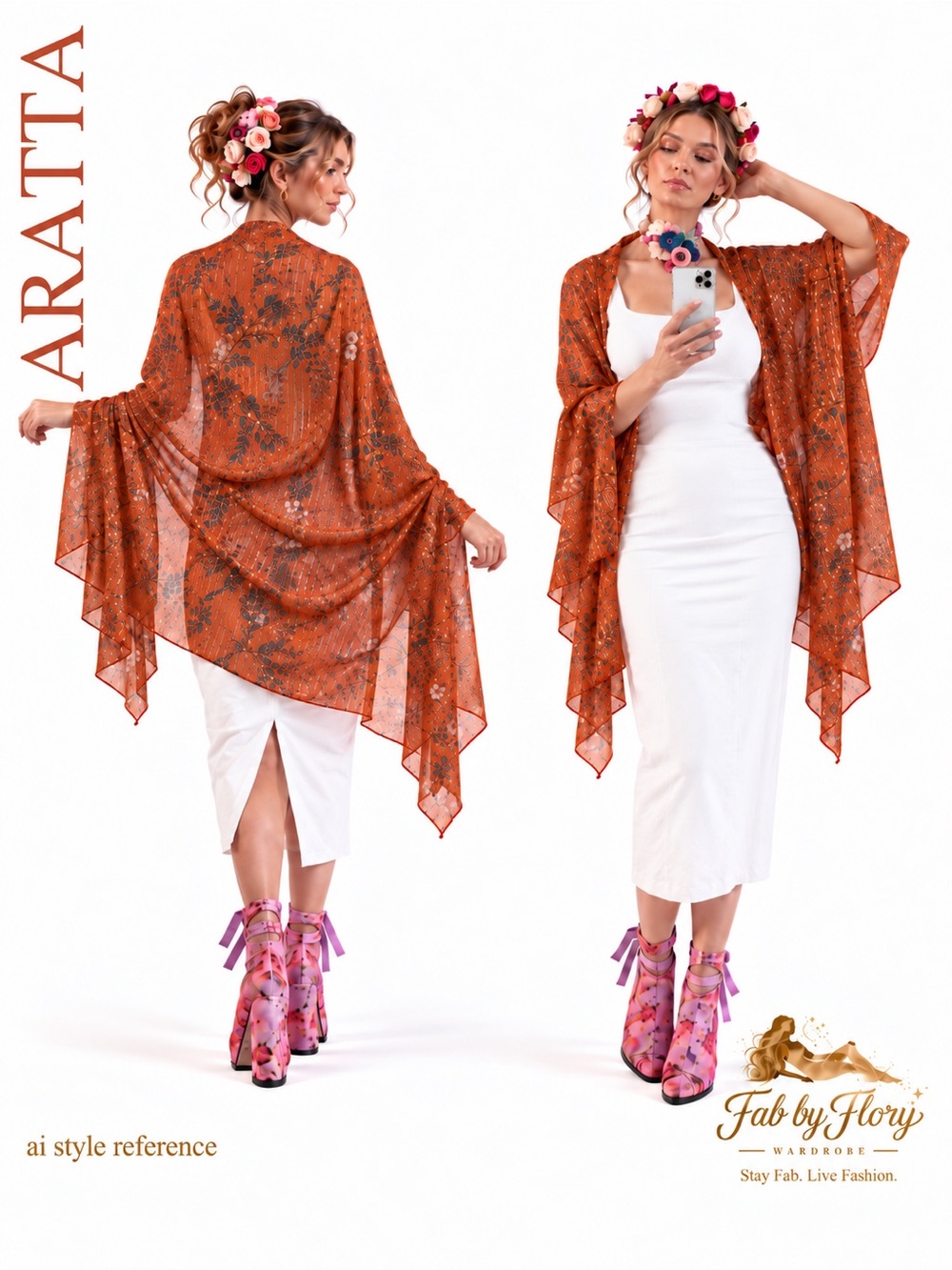 Aratta Orange Floral Metallic Lurex Shawl Wrap NWT One Size